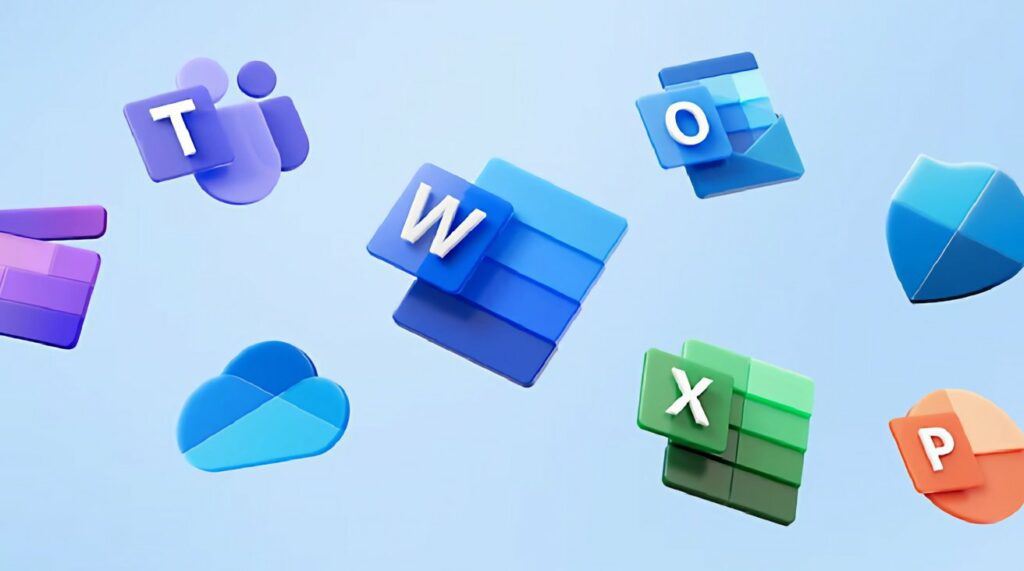 Microsoft office icons floating on sky blue background